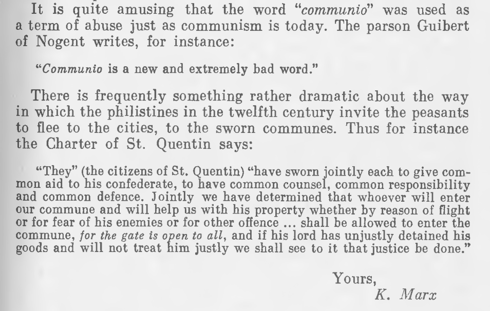 "Communio is a new and extremely bad word," Marx writes eagerly to Engels, quoting Guibert of Nogent (1111)